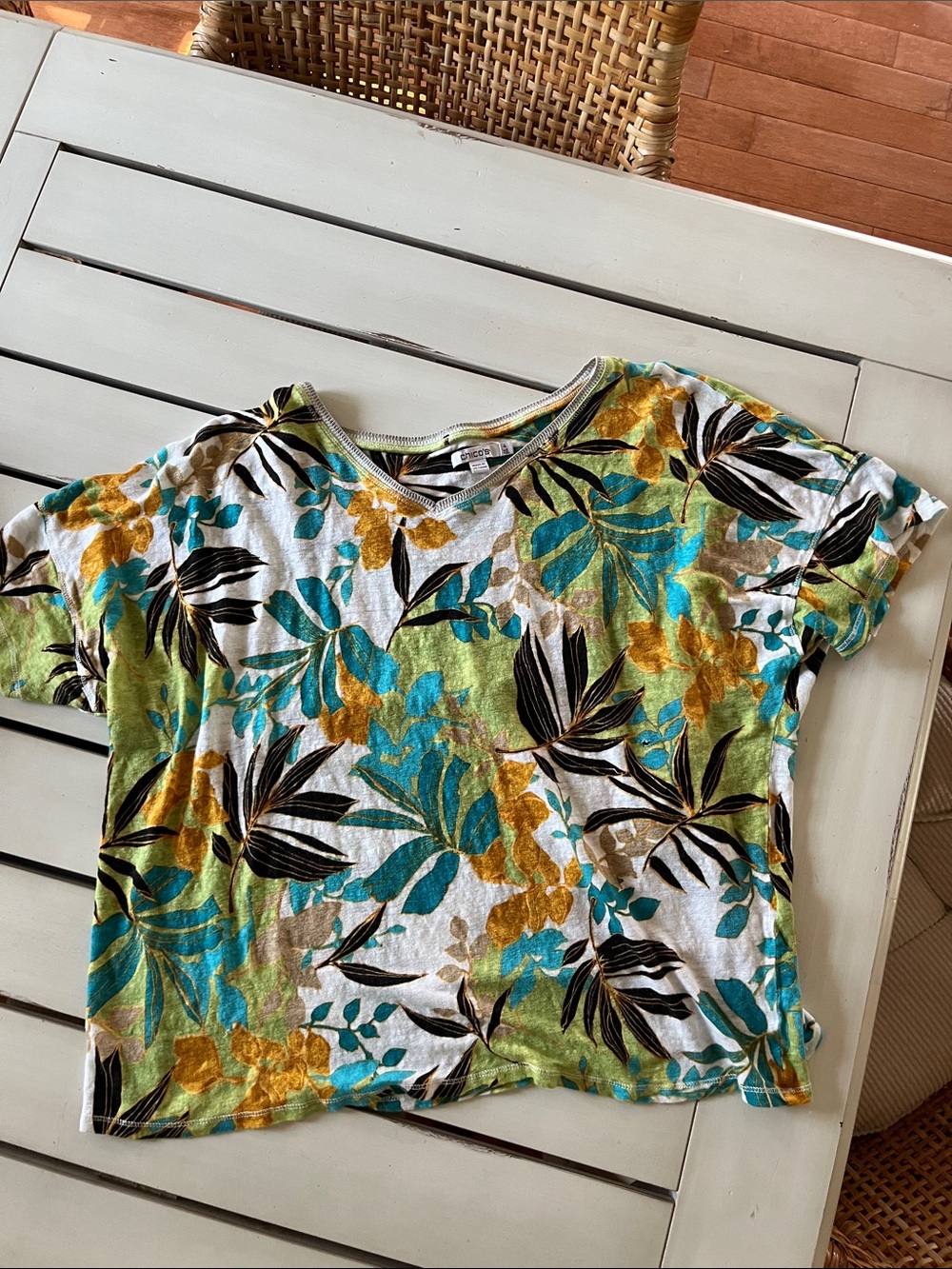 Chicos 2X Short Sleeve Knit Linen Tropical Top small flaw